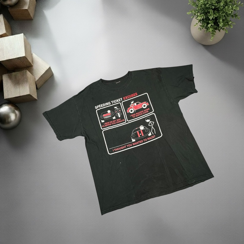 Vintage‎ Y2K Speeding Ticket Excuses Graphic T-Shirt Black Boxy Fit Streetwear